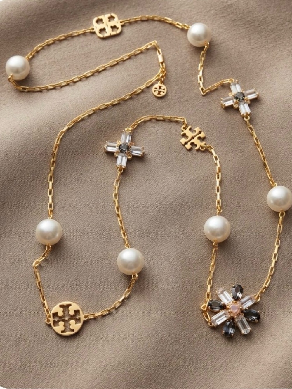 TORY BURCH STATEMENT PEARLS AND NATURAL SMOKY QUARTZ CRYSTALS NECKLACE